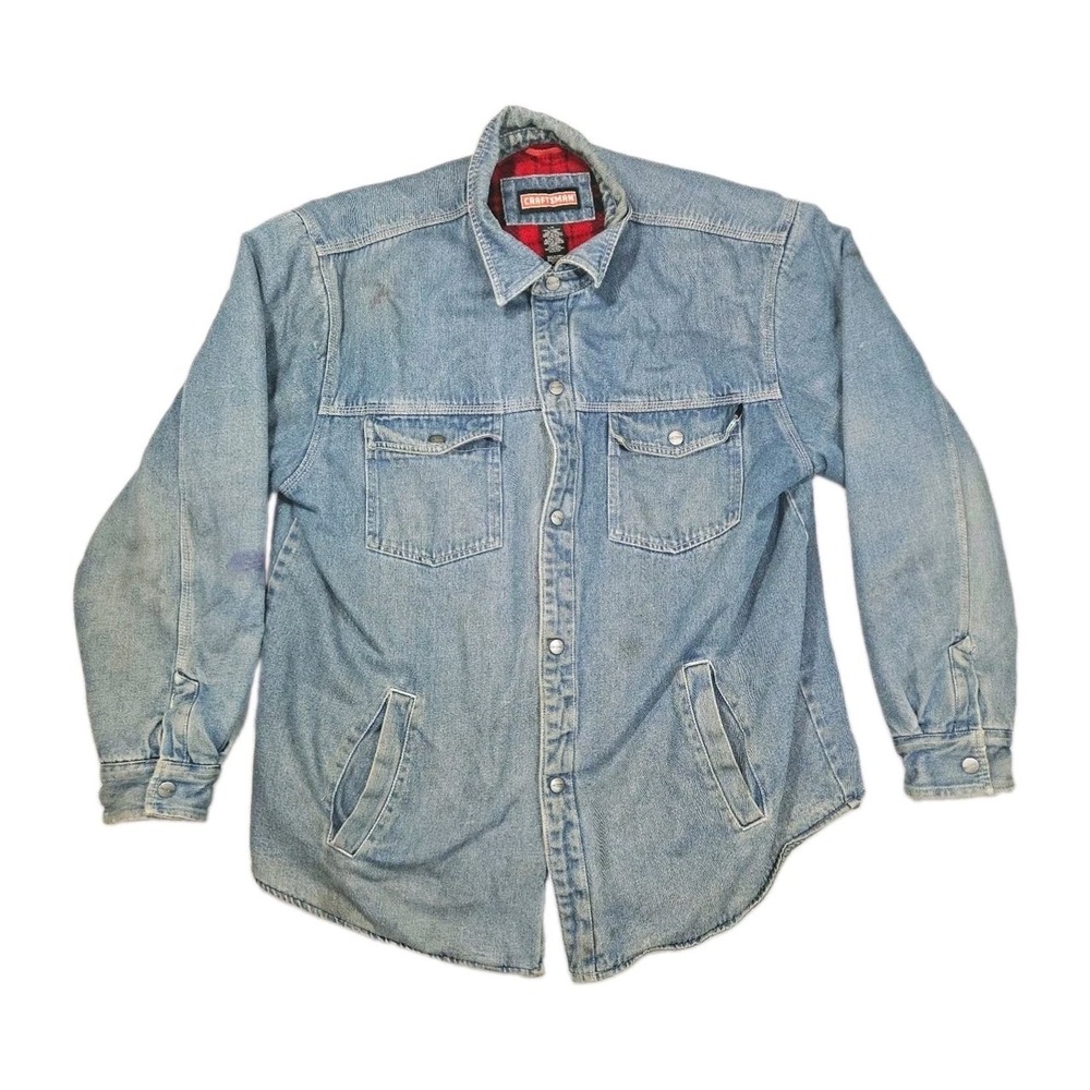 Craftsman Men's‎ Large Flannel Lined Denim Shirt Jacket Blue Workwear Distressed